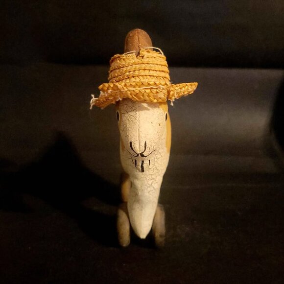 Vintage Paper Mache Goat with Staw Hat on Wheels Toy - Picture 2 of 7